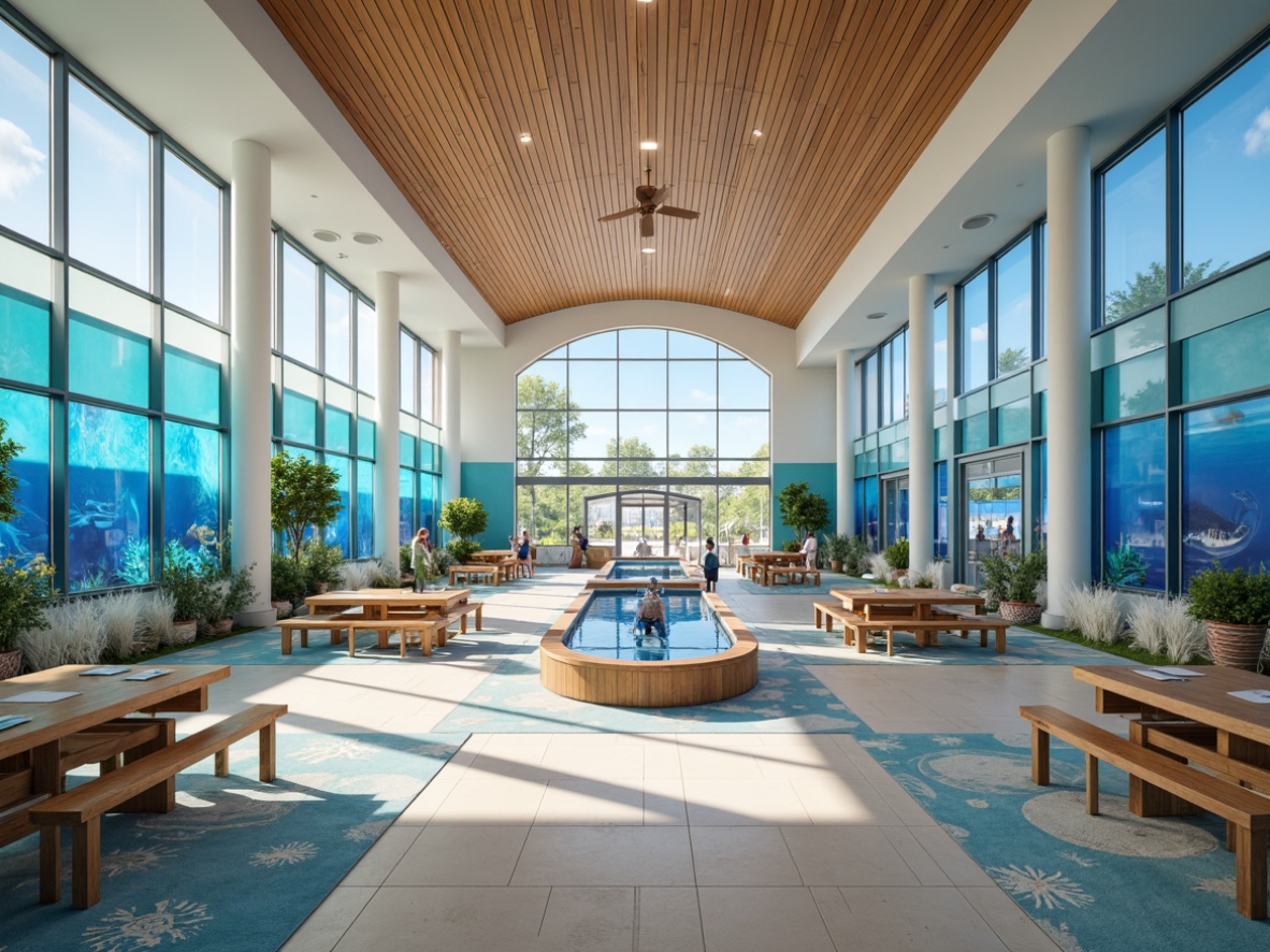 Prompt: Vibrant ocean-inspired community center, coral reef patterns, nautical blue and white color scheme, wooden boat-shaped benches, fishing net details, seashell decorations, driftwood accents, ocean breeze sound effects, natural light pouring in through large windows, open floor plan, modern minimalist architecture, coastal-themed murals, educational marine life exhibits, interactive touch screens, soft warm lighting, shallow depth of field, 1/2 composition, realistic textures, ambient occlusion.