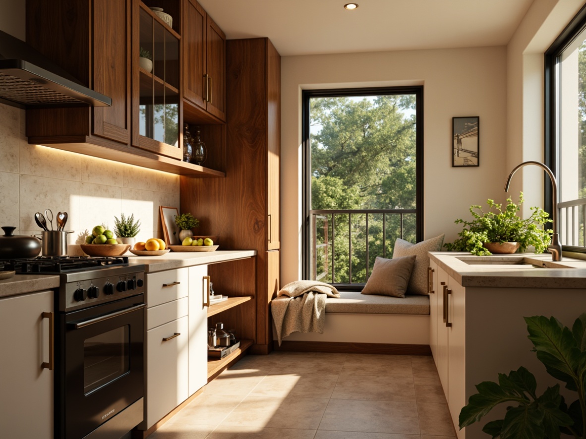 Prompt: Warm kitchen ambiance, earthy tones, rich wood cabinetry, creamy white countertops, soft gold hardware, matte black appliances, natural stone backsplash, warm beige flooring, cozy breakfast nook, lush greenery, vibrant fruit still life, soft morning light, shallow depth of field, 1/2 composition, realistic textures, ambient occlusion.