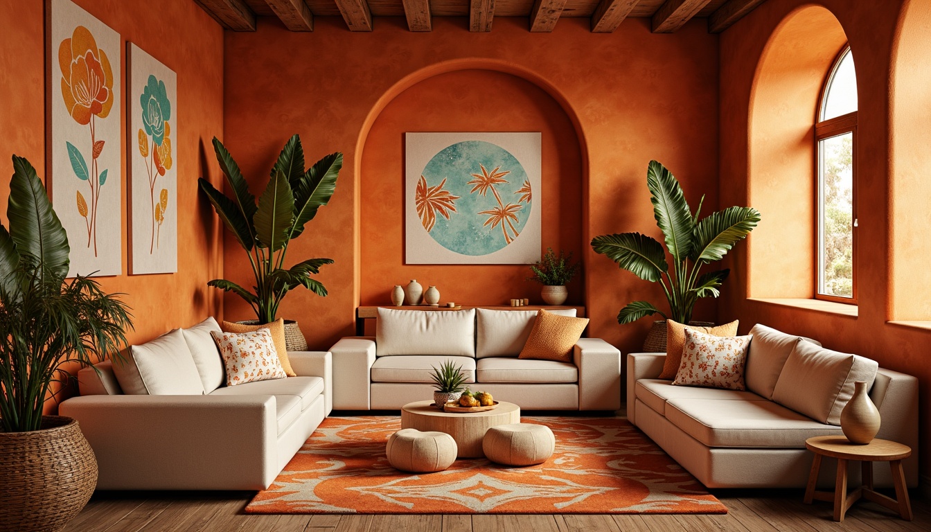 Prompt: Warm persimmon hues, deep burnt orange tones, rich golden accents, soft creamy whites, earthy terracotta backgrounds, vibrant turquoise highlights, natural linen textures, organic free-form shapes, whimsical hand-painted patterns, eclectic global-inspired decor, cozy intimate spaces, atmospheric warm lighting, shallow depth of field, 1/2 composition, realistic renderings, ambient occlusion.