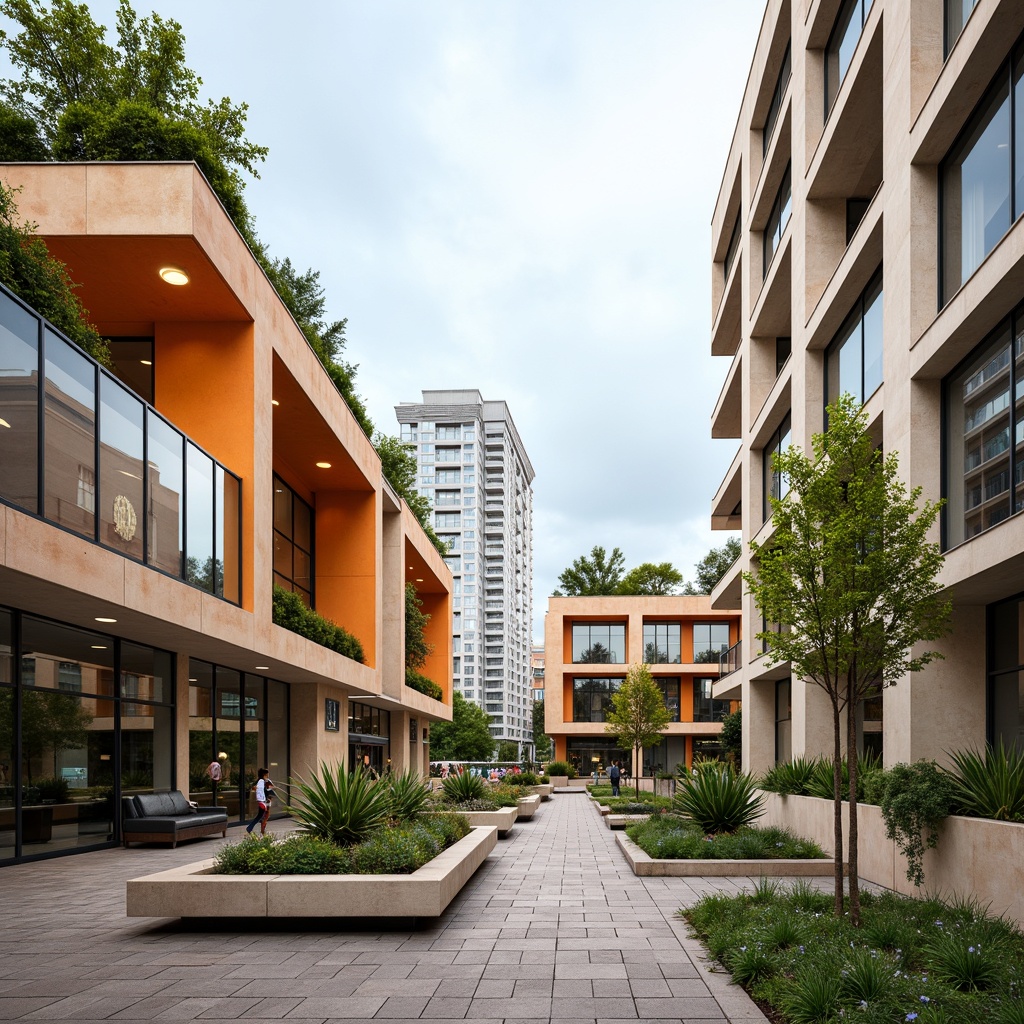 Prompt: Vibrant public plaza, urban landscape, modern architectural design, sleek glass facades, neutral beige tones, accent walls with bold orange hues, polished metal handrails, natural stone flooring, lush greenery, rooftop gardens, warm white LED lighting, shallow depth of field, 1/1 composition, realistic textures, ambient occlusion.