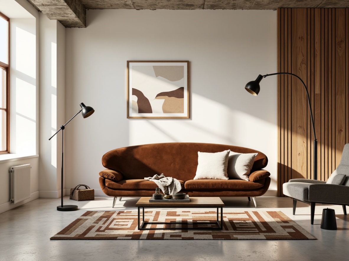 Prompt: Sleek low-profile sofa, curved lines, velvet upholstery, minimalist coffee table, chrome metal legs, geometric patterned rug, abstract artwork, modern floor lamp, spherical pendant light, wooden wall panels, creamy white walls, polished concrete floors, industrial chic decor, urban loft atmosphere, natural daylight, soft warm glow, shallow depth of field, 1/1 composition, realistic textures, ambient occlusion.