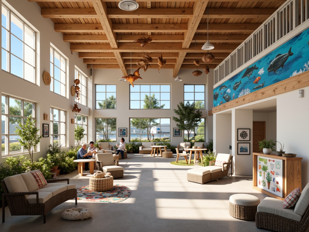 Prompt: Coastal community center, nautical theme, ocean-inspired colors, wooden accents, rope details, fish-shaped decorations, coral-patterned textiles, shell-adorned furniture, driftwood sculptures, marine-life murals, natural light, open spaces, minimalist design, comfortable seating areas, communal tables, interactive exhibits, educational displays, ocean-conservation messages, sunny atmosphere, soft warm lighting, shallow depth of field, 3/4 composition, panoramic view, realistic textures, ambient occlusion.