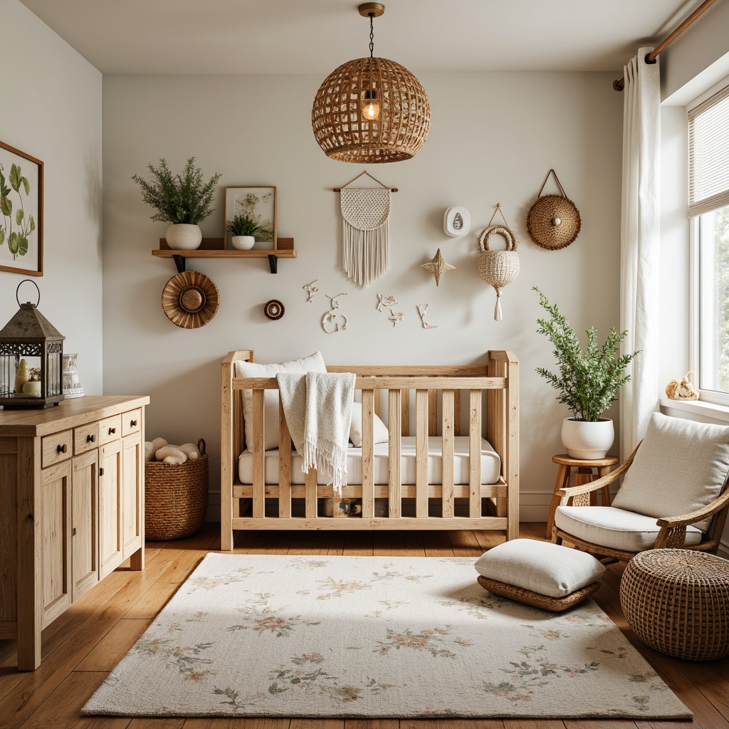 Prompt: Whimsical baby nursery, rustic wooden crib, vintage metal lanterns, distressed wood furniture, woven rattan baskets, plush area rug, soft pastel colors, gentle warm lighting, natural fabrics, traditional patterns, floral motifs, cozy reading nook, oversized pillows, macrame wall hangings, earthy scent, warm beige tones, creamy whites, nature-inspired decor, playful mobiles, hand-painted murals, distressed wood shelves, woven storage bins, textured blankets, organic shapes, 1/1 composition, shallow depth of field, soft focus.