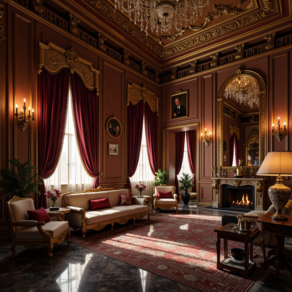 Prompt: Luxurious Baroque interior, rich gold accents, ornate furnishings, velvety dark red drapes, intricate carvings, marble floors, crystal chandeliers, lavish textiles, opulent jewel tones, soft warm candlelight, dramatic shadows, 2/3 composition, shallow depth of field, realistic reflections, ambient occlusion.