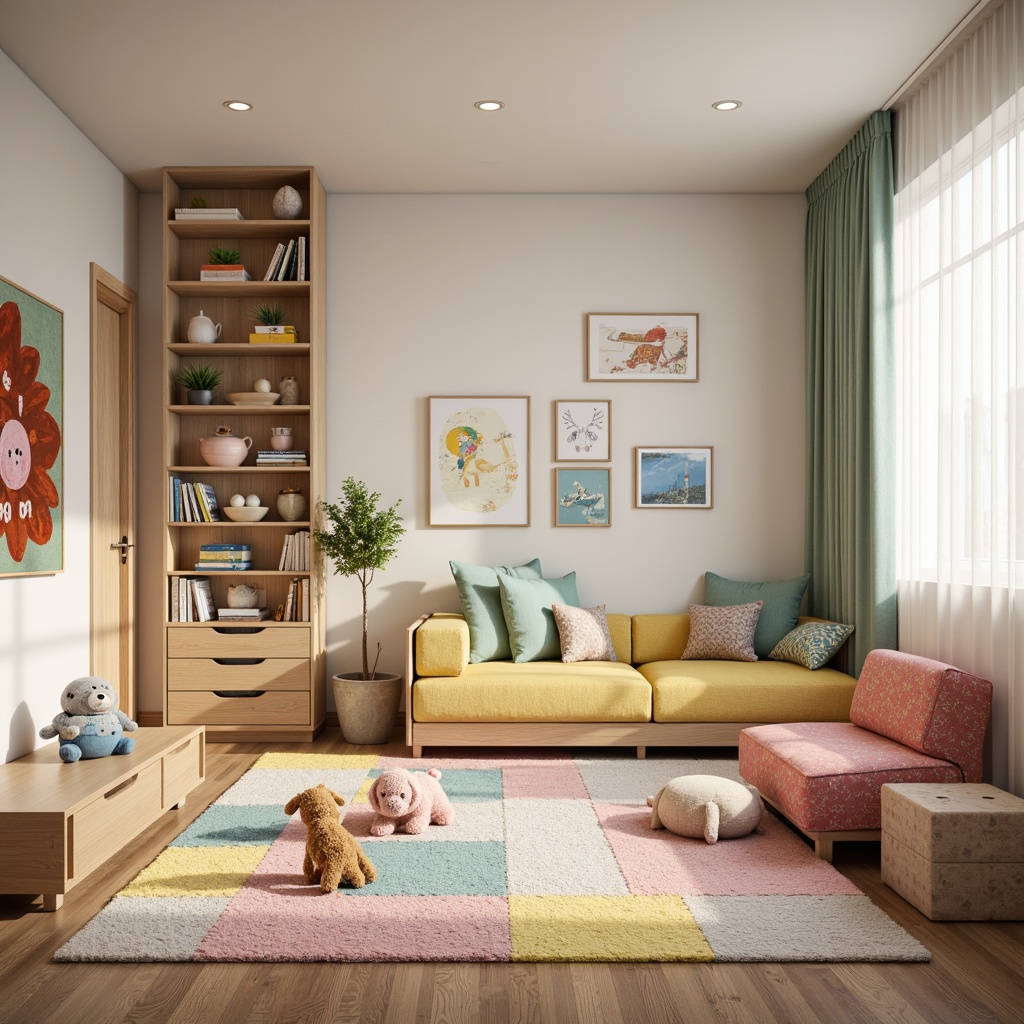 Prompt: Cozy kids' bedroom, plush toys, soft blankets, vibrant colors, fun patterns, comfortable seating, wooden furniture, natural textures, pastel hues, gentle lighting, warm atmosphere, playful decorations, whimsical illustrations, cute accessories, educational elements, interactive wall art, 3D shapes, creative storage solutions, kid-friendly materials, ergonomic design, safe and non-toxic fabrics.