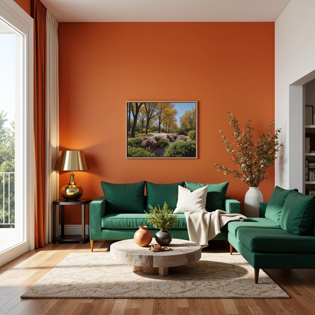 Prompt: Vibrant living room, bold orange accent wall, creamy white furniture, rich wood flooring, plush emerald green velvet sofa, metallic gold lamp shades, geometric patterned rug, natural stone coffee table, floor-to-ceiling windows, soft diffused lighting, 1/2 composition, warm inviting atmosphere, cozy throw blankets, nature-inspired artwork, earthy terracotta vases.