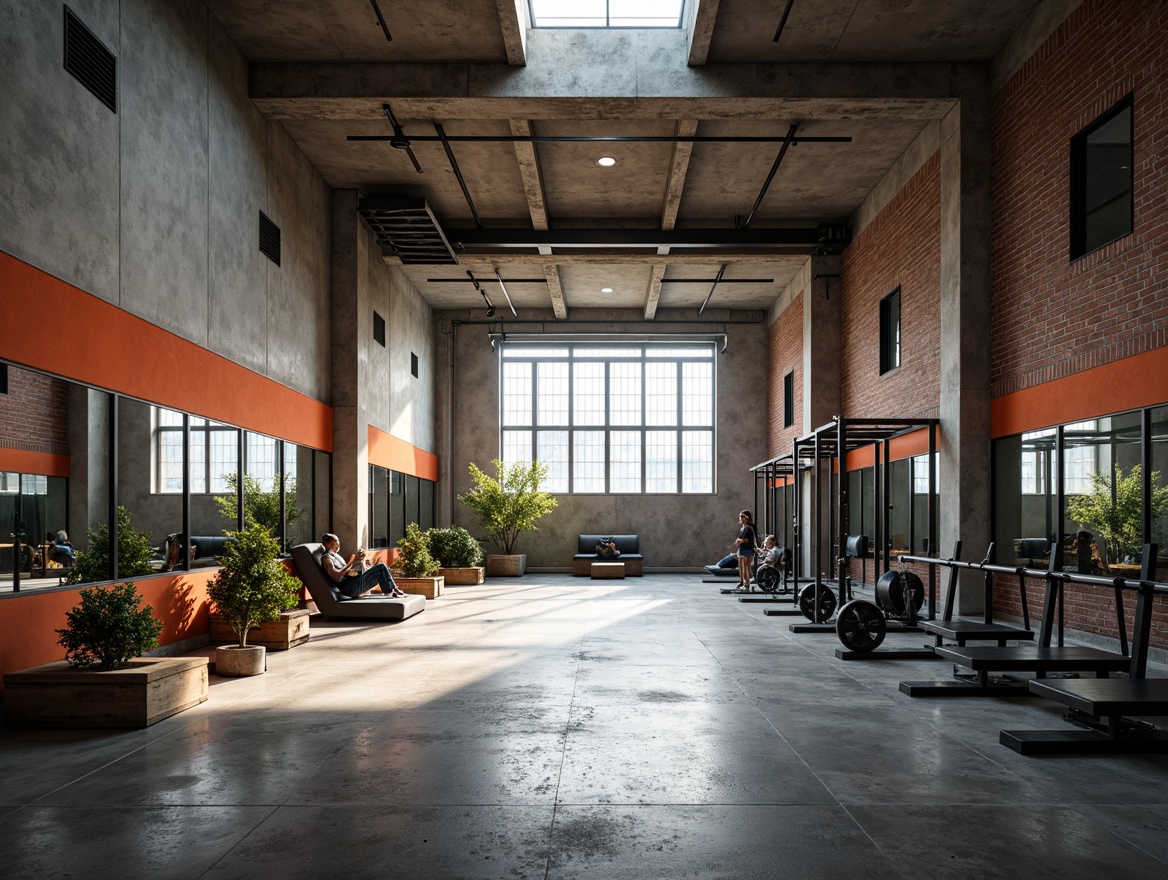 Prompt: Exposed concrete walls, industrial metal beams, raw stone flooring, minimalist decor, brutalist architecture, spacious open layout, natural light pouring in, high ceilings, reclaimed wood accents, bold color schemes, state-of-the-art fitness equipment, free weights area, mirrored walls, rubber flooring, ambient lighting, dramatic shadows, 1/2 composition, low-angle shot, gritty textures, atmospheric misting.