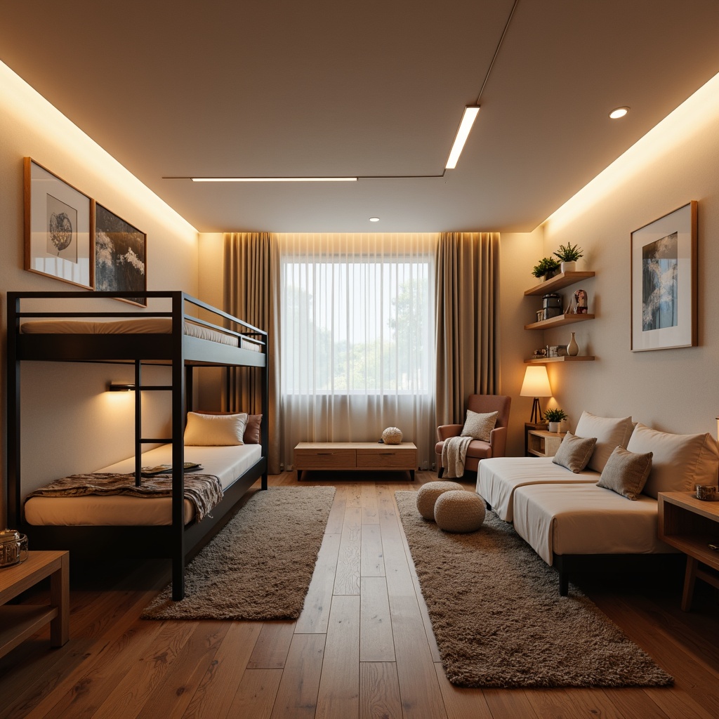 Prompt: Modern dormitory interior, minimalist decor, soft warm glow, LED strip lights, recessed ceiling fixtures, floor lamps, comfortable bedding, wooden furniture, sleek metal frames, neutral color palette, cozy reading nooks, textured rugs, abstract artwork, natural light pouring in, sheer curtains, 1/1 composition, warm color temperature, gentle shadows, realistic materials, ambient occlusion.