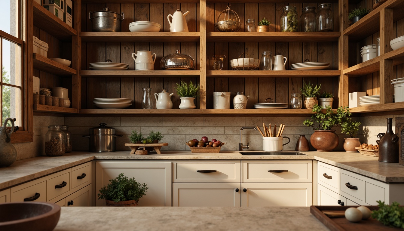 Prompt: Cozy pantry, warm earthy tones, rustic wooden shelves, vintage metal baskets, ceramic jars, soft warm lighting, natural stone countertops, creamy white cabinets, subtle grain textures, shallow depth of field, 1/1 composition, realistic render, ambient occlusion.