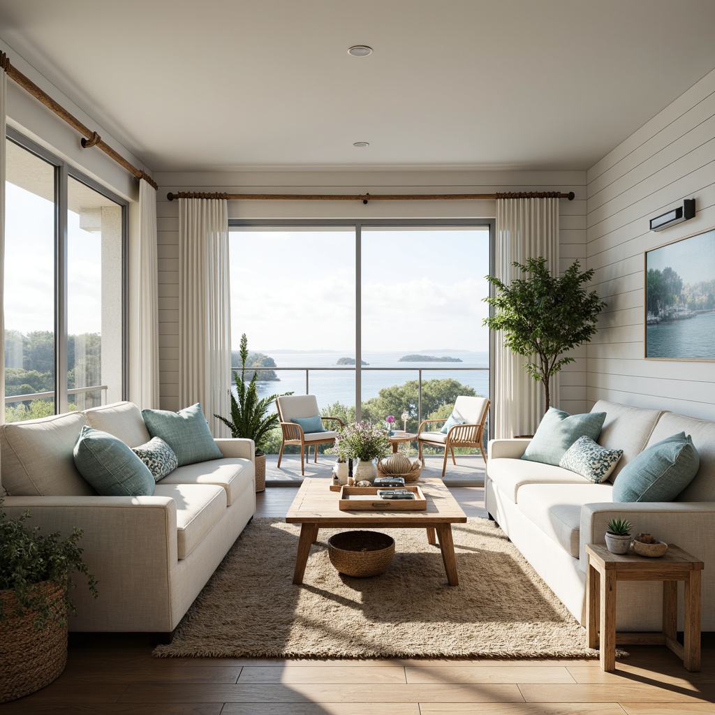 Prompt: Serene coastal living room, soft natural light, large windows, sliding glass doors, beachy vibe, driftwood accents, white shiplap walls, nautical ropes, ocean-inspired color palette, calming blues and whites, comfortable sofas, woven sea grass rugs, potted palms, coral patterns, distressed wood furniture, vintage nautical decor, airy atmosphere, shallow depth of field, 1/1 composition, warm softbox lighting, realistic textures, ambient occlusion.