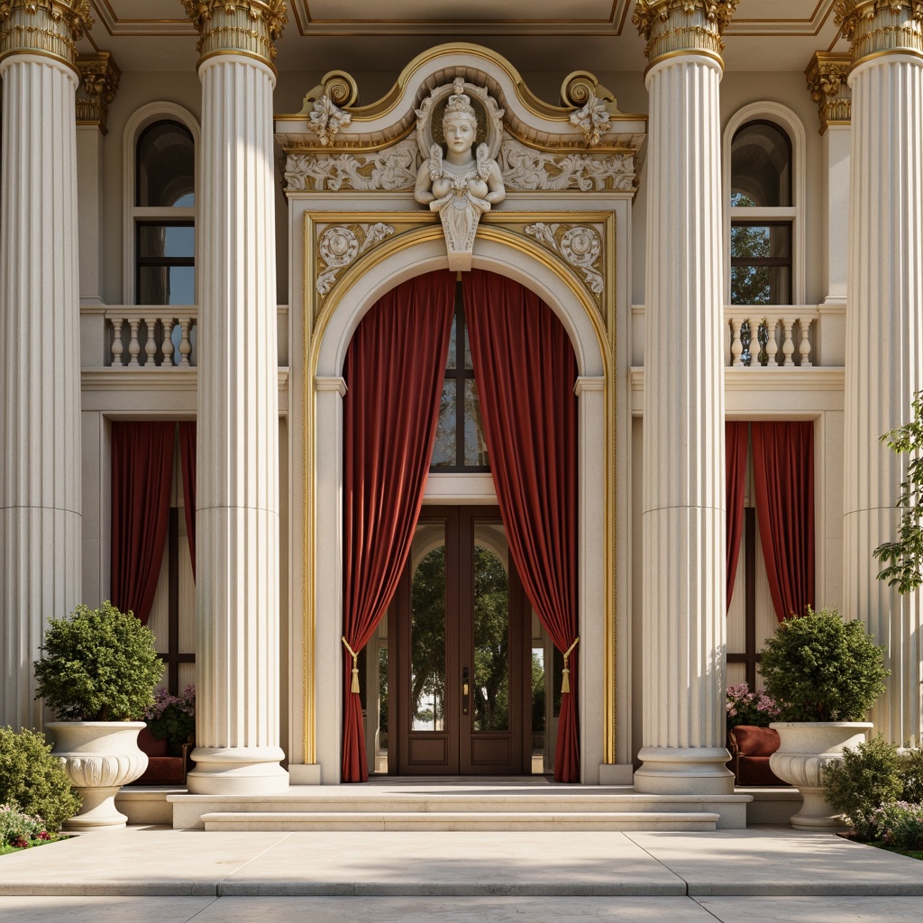 Prompt: Elegant neoclassical facade, subtle gold accents, ornate details, refined pilasters, grandiose entranceways, stately columns, cream-colored marble, soft warm lighting, shallow depth of field, 3/4 composition, panoramic view, realistic textures, ambient occlusion, luxurious velvet drapes, intricate moldings, rich wood paneling, subtle copper tones, ornamental cornices, imposing stone statues.