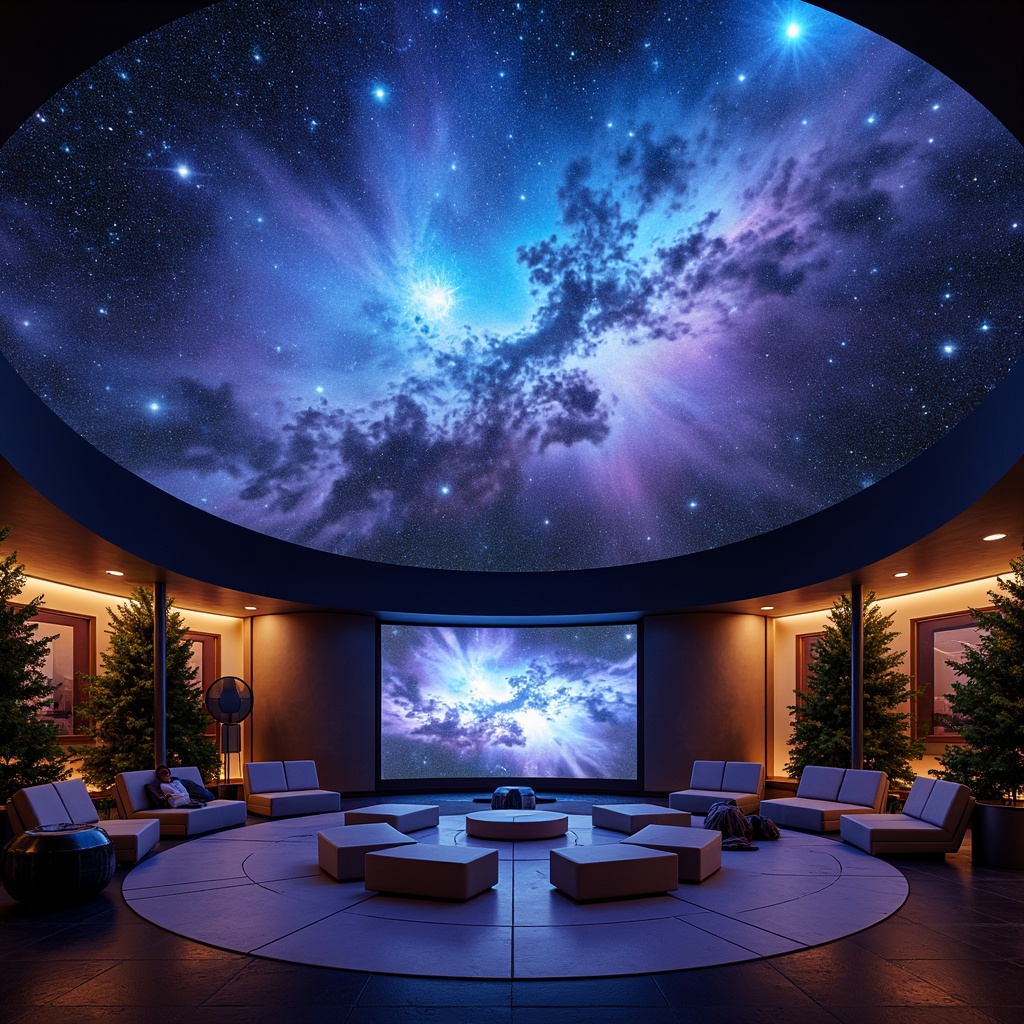 Prompt: Celestial planetarium, deep blues and purples, starry night sky, nebula-inspired hues, iridescent glow, soft warm lighting, gradual color transitions, immersive atmosphere, futuristic metallic accents, holographic projections, 360-degree dome screen, realistic planetary textures, ambient occlusion, shallow depth of field, 1/1 composition, panoramic view.