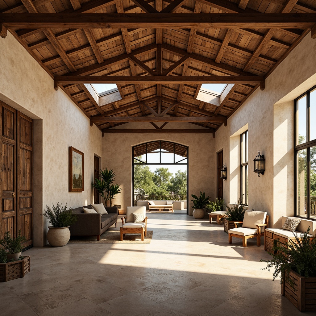 Prompt: Rustic warehouse interior, Mediterranean style architecture, exposed wooden beams, earthy color palette, natural stone walls, large windows, skylights, clerestory windows, soft warm lighting, diffused sunlight, industrial chic decor, reclaimed wood accents, metal lanterns, vintage nautical elements, distressed finishes, open floor plan, spacious layout, airy atmosphere, rustic metal doors, wooden crates, potted plants, natural textiles, earthy fragrance, warm ambiance, shallow depth of field, 1/1 composition, realistic textures, ambient occlusion.