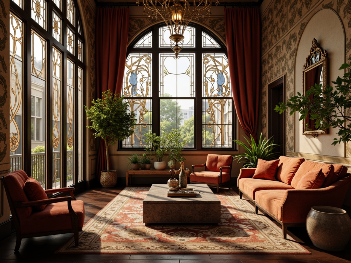 Prompt: Intricate Art Nouveau apartments, flowing organic lines, ornate metalwork, sinuous curves, stained glass windows, intricate mosaics, luxurious fabrics, velvet drapes, carved wooden panels, gilded accents, flowing floral patterns, soft warm lighting, shallow depth of field, 3/4 composition, realistic textures, ambient occlusion.