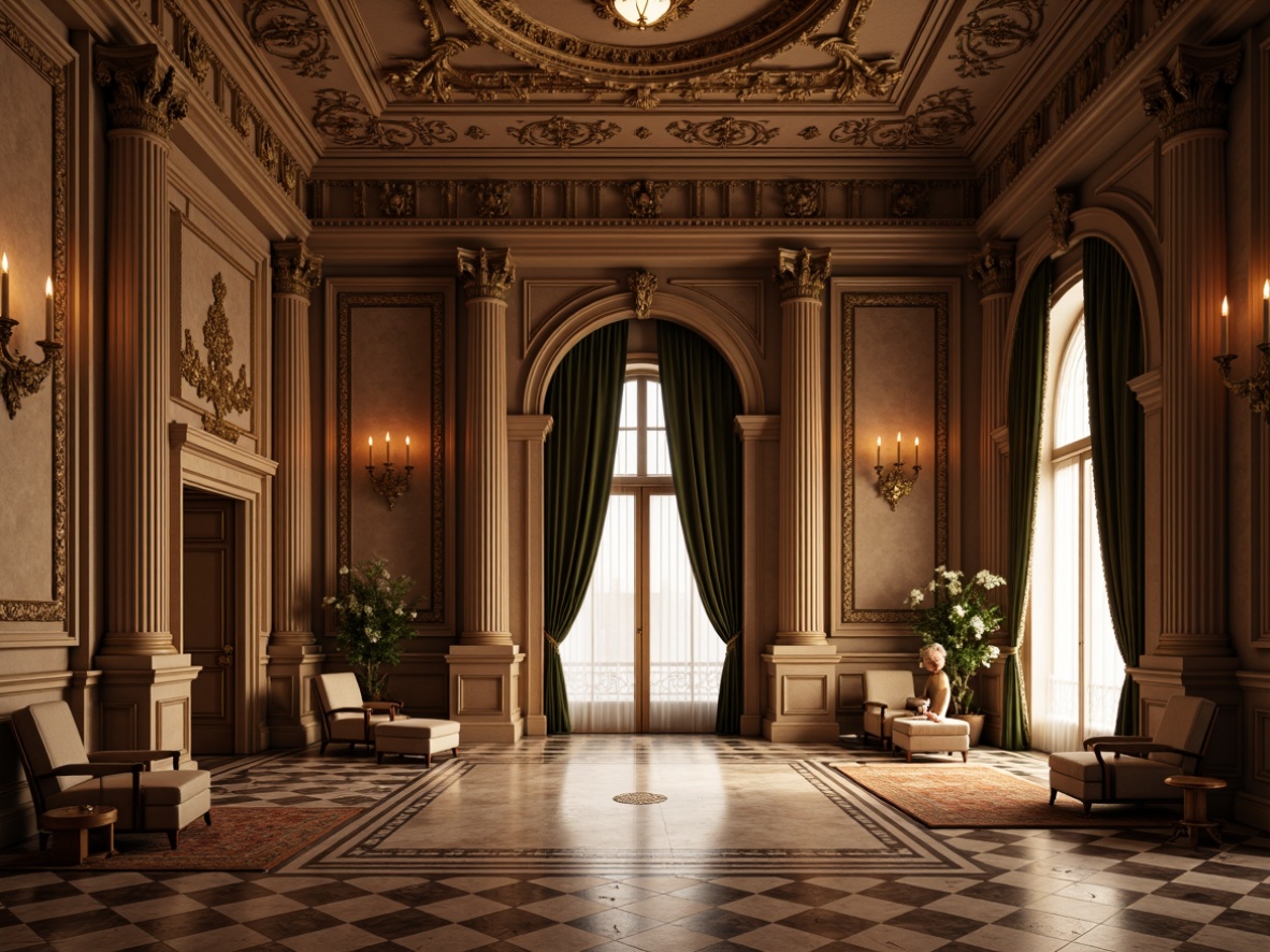 Prompt: Grand neoclassical facade, ornate details, fluted columns, carved stonework, polished marble floors, intricate moldings, gilded accents, lavish furnishings, velvet drapes, tassel trimming, patterned rugs, richly toned wood paneling, subtle gradient lighting, warm golden hues, classic 3/4 composition, atmospheric perspective, realistic material textures, cinematic depth of field.