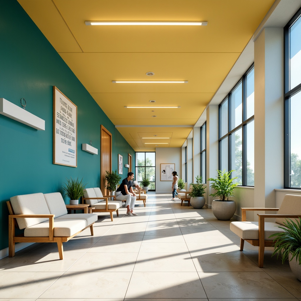 Prompt: Vibrant clinic corridors, calming blue accents, soothing green walls, warm beige furniture, natural wood tones, uplifting yellow ceilings, inspirational quotes, educational diagrams, modern minimalist decor, abundant natural light, soft indirect lighting, 1/2 composition, realistic textures, ambient occlusion.