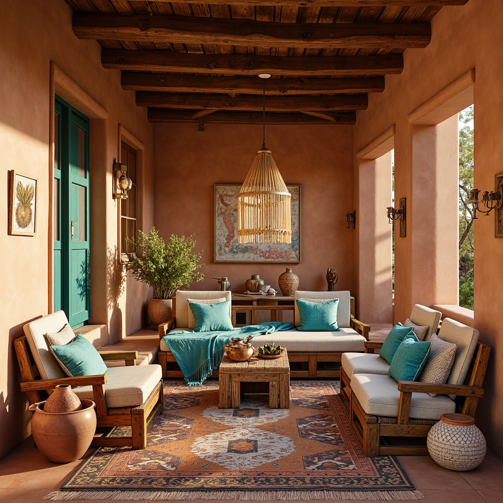 Prompt: Earthy-toned adobe walls, rustic wooden beams, vibrant turquoise accents, woven Native American-inspired blankets, plush desert-hued throw pillows, hand-carved wooden furniture, terracotta pottery, woven wicker baskets, rattan chairs, natural fiber rugs, clay-colored ceramic vases, geometric patterned textiles, warm golden lighting, shallow depth of field, 3/4 composition, panoramic view, realistic textures, ambient occlusion.