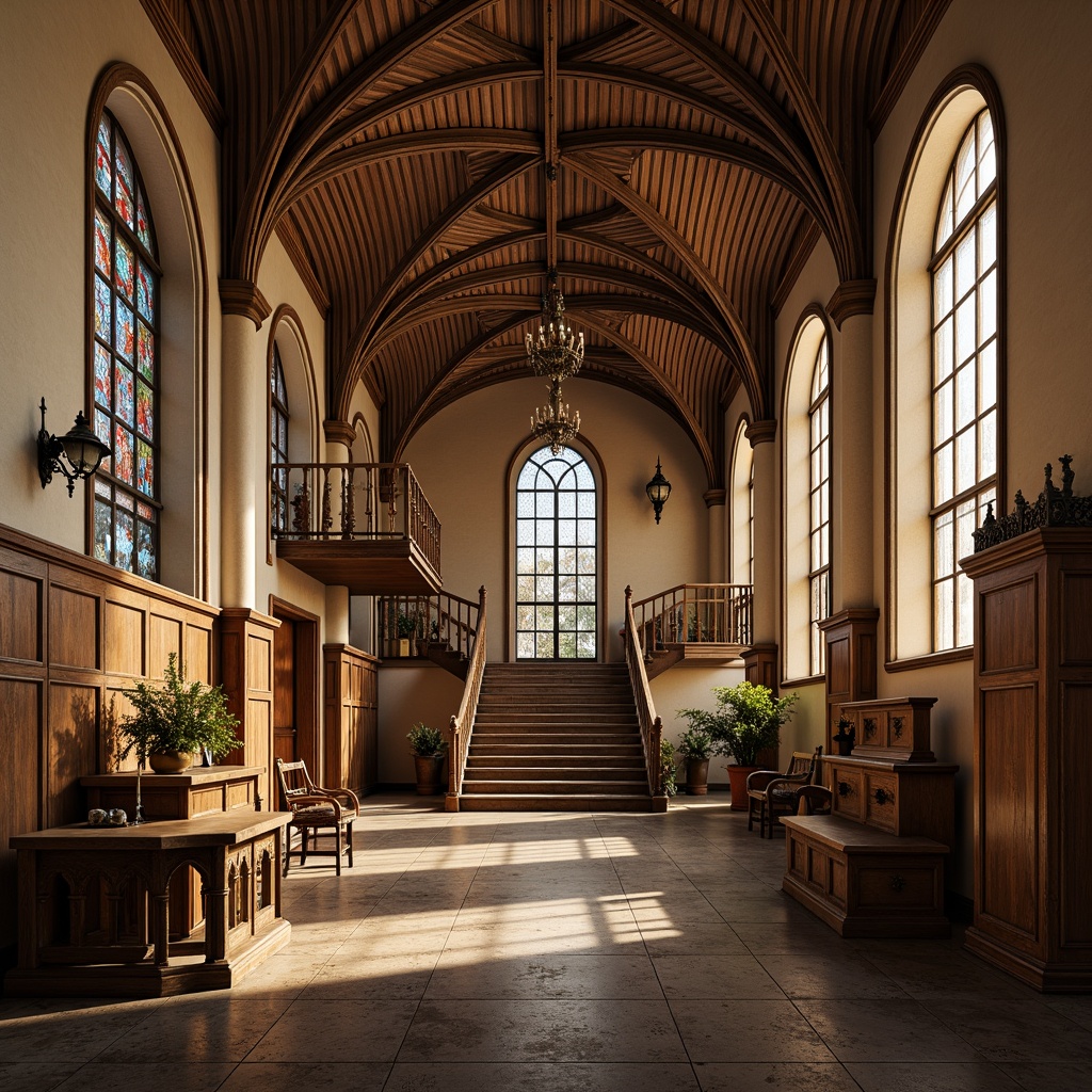 Prompt: Vaulted archways, ribbed ceiling, stained glass windows, ornate metal chandeliers, grand staircases, rich wood paneling, Gothic-inspired furniture, intricate stone carvings, majestic pillars, warm beige walls, atmospheric lighting, dramatic shadows, 1/2 composition, shallow depth of field, realistic textures, ambient occlusion.