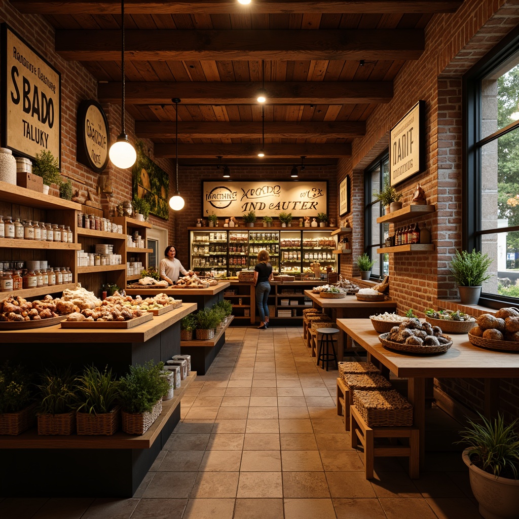 Prompt: Warm traditional grocery store interior, soft warm lighting, cozy atmosphere, rustic wooden shelves, vintage decorative items, nostalgic signage, earthy tone color scheme, natural stone flooring, exposed brick walls, classic lantern-style light fixtures, pendant lamps, warm white LED lights, subtle shadows, 1/2 composition, realistic textures, ambient occlusion.