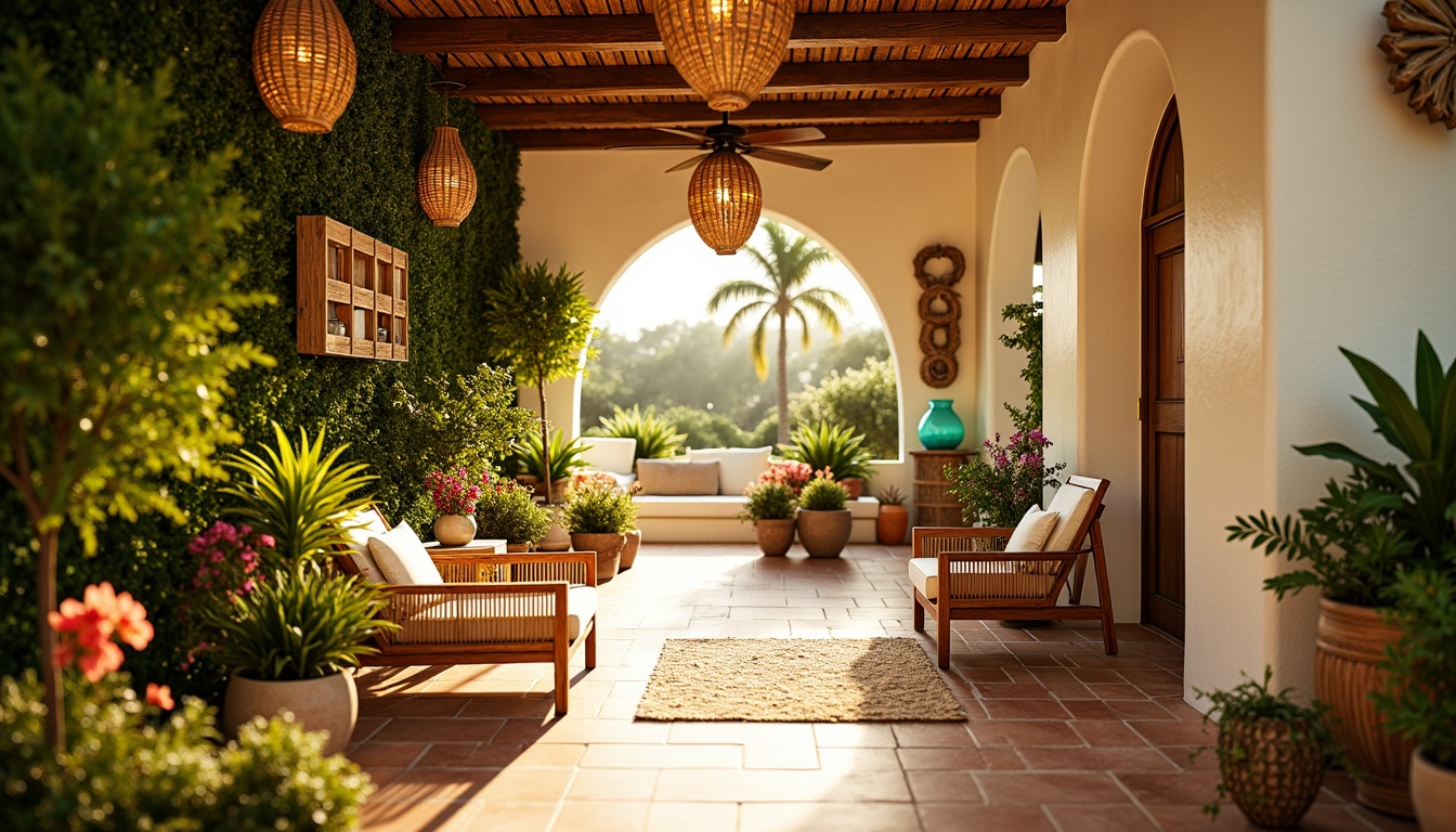 Prompt: Vibrant tropical hallway, warm golden lighting, soft diffused glow, natural rattan furniture, woven wicker baskets, lush greenery walls, exotic potted plants, colorful floral arrangements, wooden ceiling fans, rustic rope details, earthy terracotta floors, bright coral accents, turquoise glass decor, creamy white stucco walls, open-concept living space, airy feel, relaxed ambiance, warm sunny day, shallow depth of field, 1/2 composition, realistic textures, ambient occlusion.