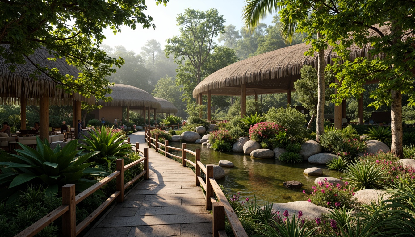 Prompt: Vibrant tropical zoo, lush green foliage, exotic flowers, rustic wooden bridges, winding pathways, animal enclosures, natural stone walls, bamboo fences, woven rattan roofs, misty atmosphere, soft warm lighting, shallow depth of field, 1/1 composition, realistic textures, ambient occlusion, rough tree bark, smooth leaf surfaces, intricate branch patterns, colorful bird feathers, scaly animal skin, rusty metal railings.