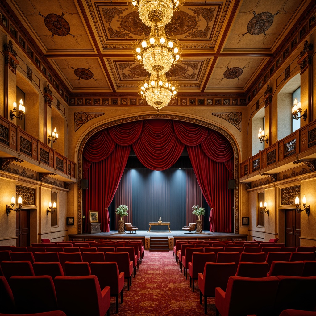 Prompt: Elegant theater interior, French country style, ornate chandeliers, warm golden lighting, soft candlelight, rich velvet curtains, intricate wooden carvings, distressed stone walls, rustic metal accents, plush red seating, lavish drapery, grand staircase, opulent crystal fixtures, dramatic spotlights, subtle ambient glow, 1/2 composition, shallow depth of field, warm color palette, realistic textures.