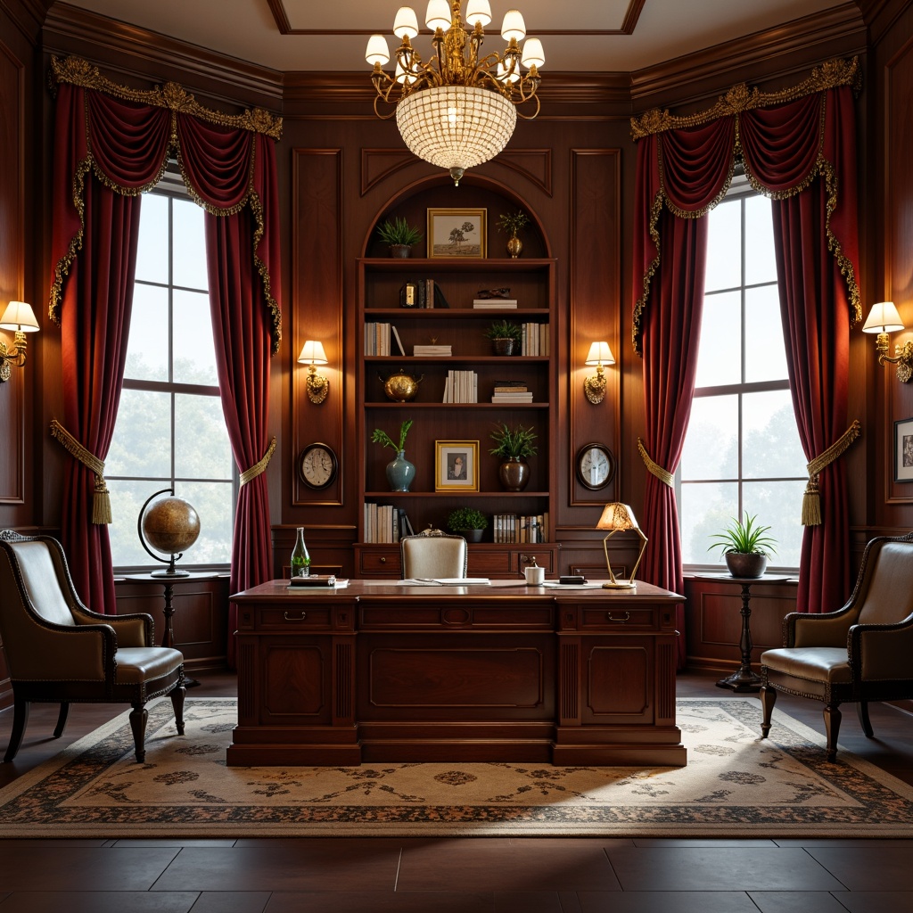 Prompt: Elegant home office, classic wooden desk, comfortable leather chair, luxurious velvet drapes, ornate gold frames, rich mahogany shelves, vintage globe, antique clock, sophisticated wall sconces, crystal chandelier, soft warm lighting, shallow depth of field, 1/2 composition, realistic textures, ambient occlusion.