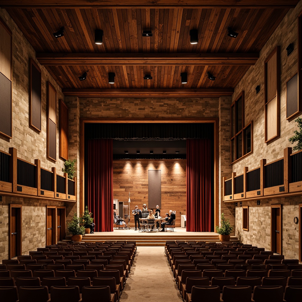 Prompt: Rustic performing arts center, wooden acoustic panels, reclaimed wood textures, earthy tones, natural fabrics, stone walls, exposed beams, vaulted ceilings, grand stage, professional lighting rigs, comfortable seating areas, warm ambiance, soft box seats, rich velvet curtains, ornate metalwork, distressed finishes, vintage musical instruments, intimate setting, dramatic spotlights, shallow depth of field, 1/2 composition, realistic wood grains, ambient occlusion.