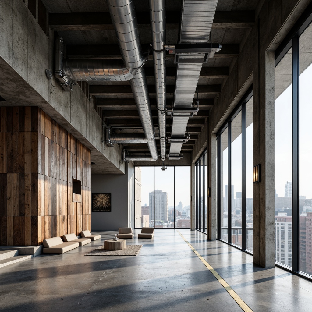 Prompt: Exposed ductwork, metal beams, polished concrete floors, industrial-style lighting fixtures, reclaimed wood accents, raw steel columns, minimalist decorative elements, urban cityscape views, modern brutalist architecture, functional simplicity, monochromatic color scheme, high ceilings, open floor plans, natural light pouring in, dramatic shadows, gritty textures, rough-hewn stone walls, distressed metal finishes, utilitarian aesthetic, avant-garde design.