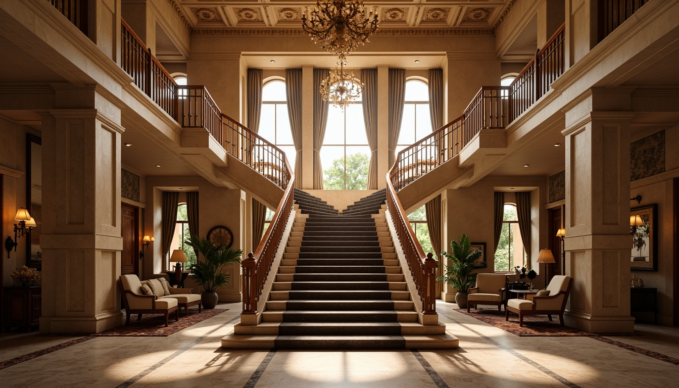 Prompt: Grand staircase, ornate balusters, polished wooden handrails, carved newel posts, majestic stone columns, intricately patterned marble floors, symmetrical composition, warm golden lighting, soft focus, shallow depth of field, 1/2 composition, realistic textures, ambient occlusion, luxurious fabrics, opulent furnishings, stately atmosphere, refined details, elegant curves, classicism motifs.