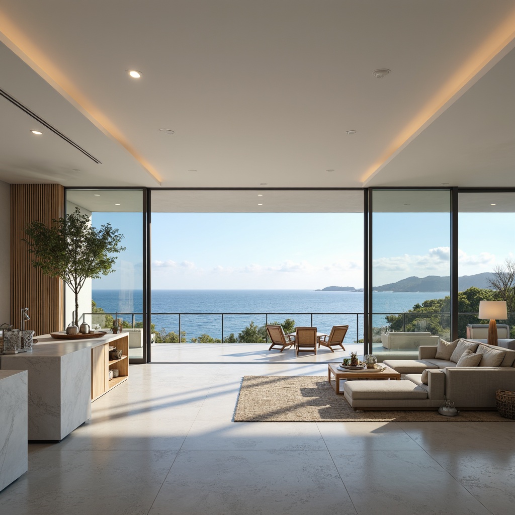 Prompt: Breathtaking ocean views, expansive open floor plan, coastal chic penthouse design, sleek modern architecture, floor-to-ceiling glass windows, sliding doors, polished concrete floors, white marble countertops, minimalist decor, natural textiles, driftwood accents, calming color palette, soft warm lighting, 3/4 composition, panoramic view, realistic textures, ambient occlusion.