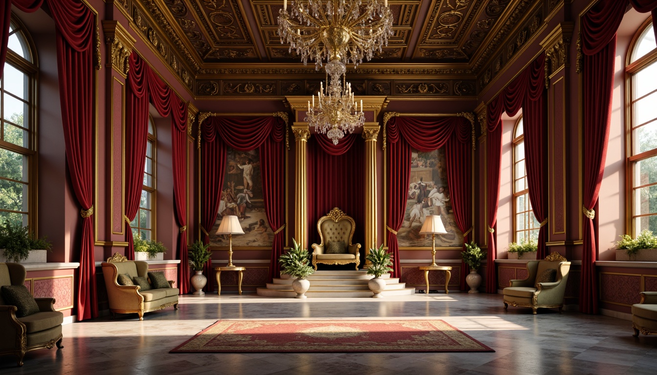 Prompt: Opulent throne room, rich velvet drapes, gilded mirrors, intricate carvings, ornate frescoes, grand chandeliers, marble floors, ornamental columns, lavish furnishings, golden accents, soft warm lighting, dramatic shadows, 1/1 composition, shallow depth of field, realistic textures, ambient occlusion.