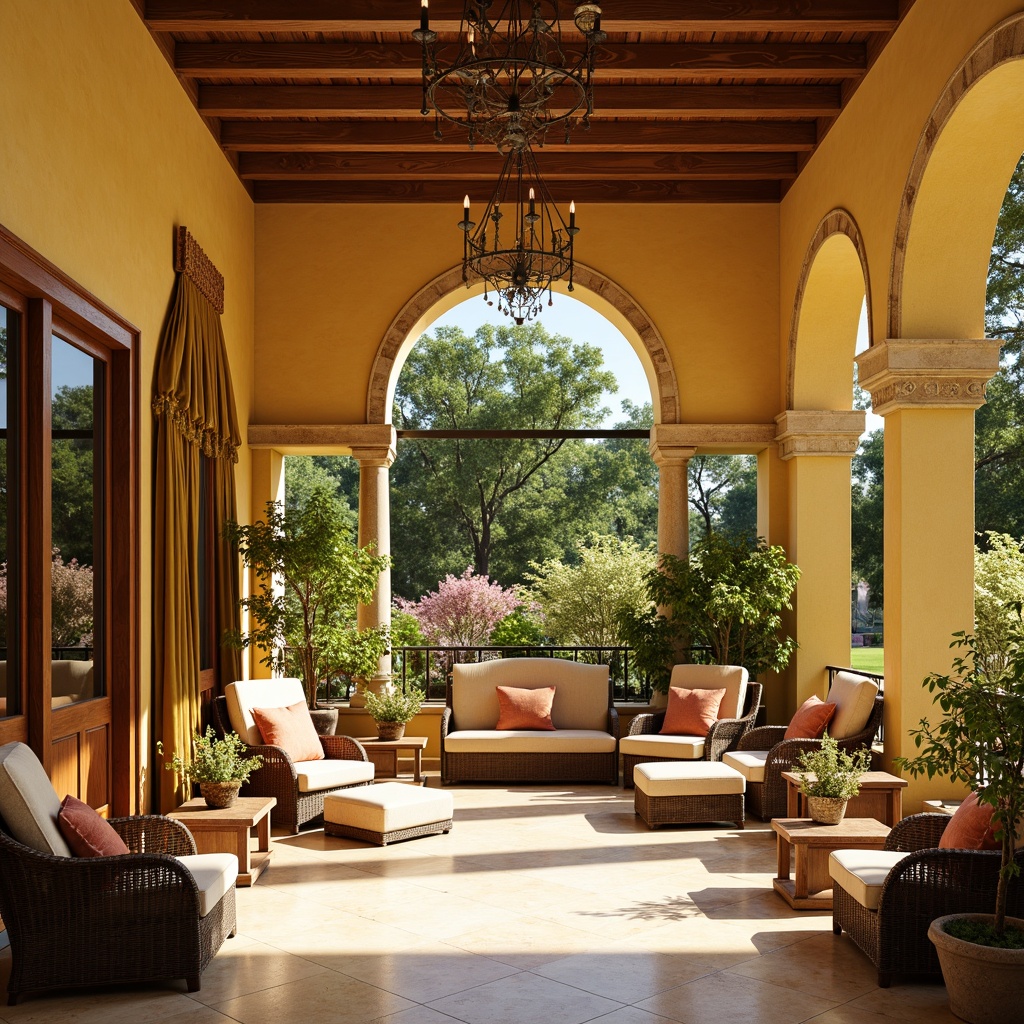 Prompt: Warm sunroom, rich Renaissance-inspired decor, golden yellow walls, cream-colored marble floors, ornate wooden furnishings, intricate carvings, lavish drapery, velvet fabrics, soft warm lighting, natural stone accents, elegant archways, grand chandeliers, lush greenery, blooming flowers, sunny day, 3/4 composition, shallow depth of field, realistic textures, ambient occlusion.