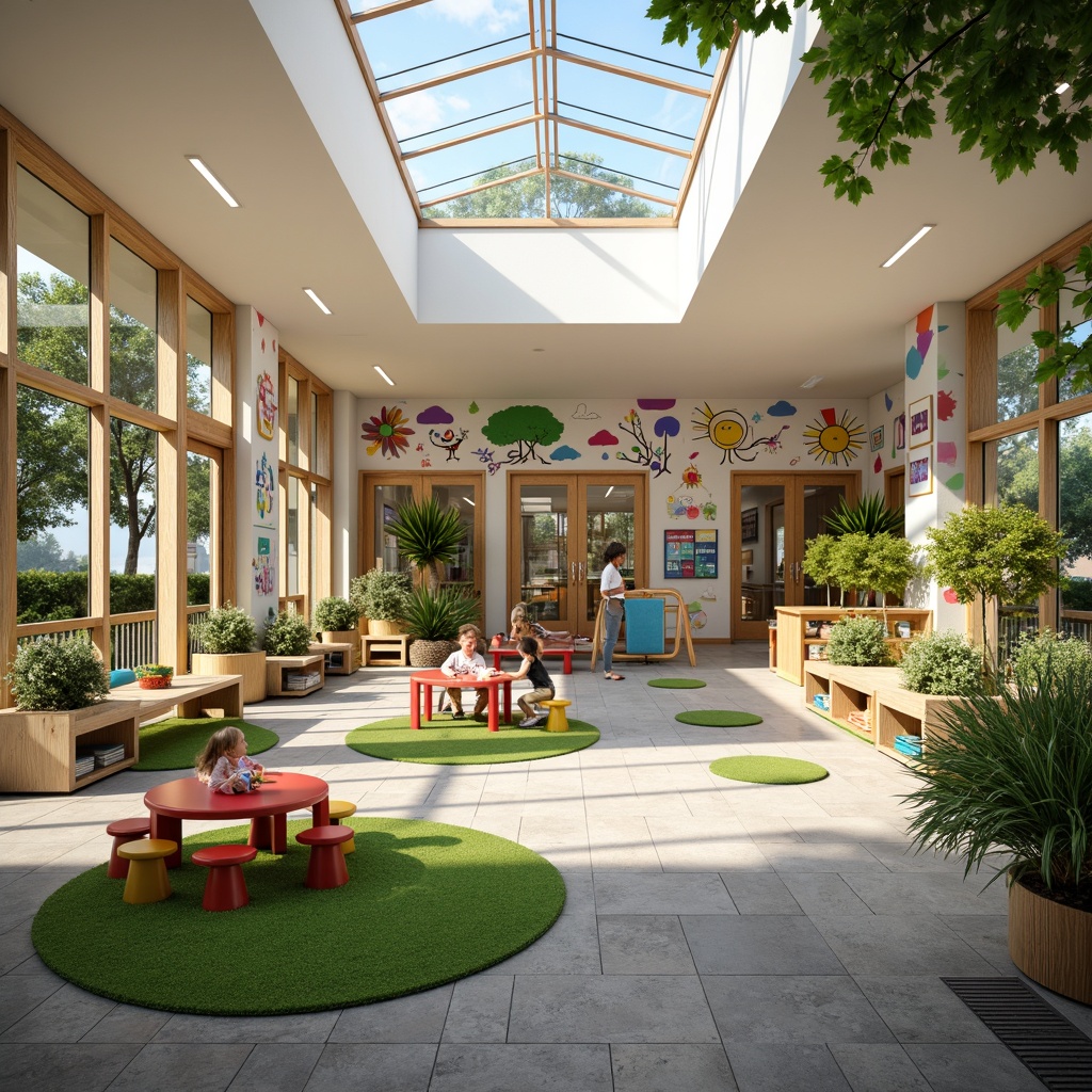 Prompt: Vibrant kindergarten interior, large windows, transparent glass doors, skylights, clerestory windows, natural stone flooring, wooden accents, soft pastel colors, playful murals, educational charts, interactive displays, cozy reading nooks, circular tables, colorful chairs, artificial turf, indoor plants, abundant greenery, warm sunny day, gentle diffused lighting, shallow depth of field, 1/1 composition, realistic textures, ambient occlusion.