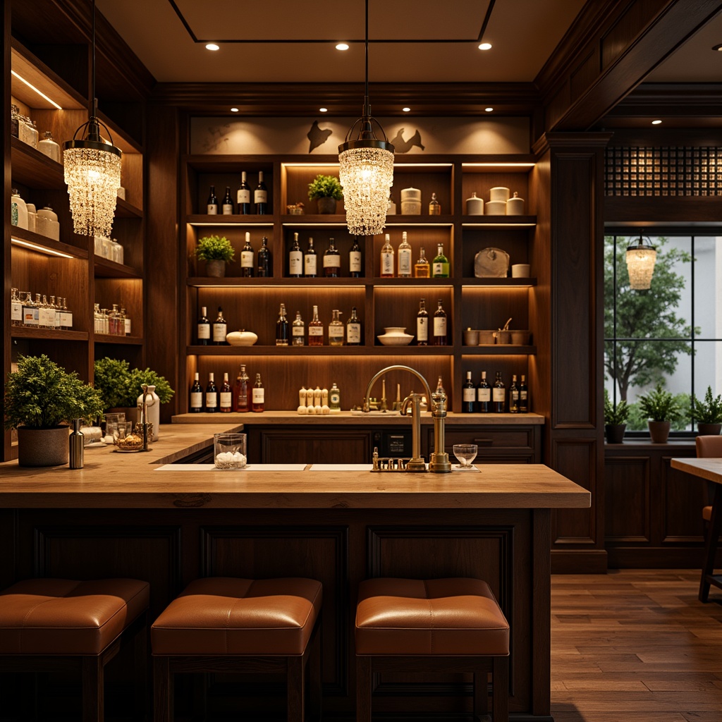 Prompt: Sophisticated home bar, luxurious leather stools, rich wooden countertops, elegant pendant lights, warm ambient glow, bronze metal fixtures, crystal glass shades, dimmable LED strips, cozy intimate atmosphere, soft warm lighting, 1/1 composition, shallow depth of field, realistic reflections, ambient occlusion.