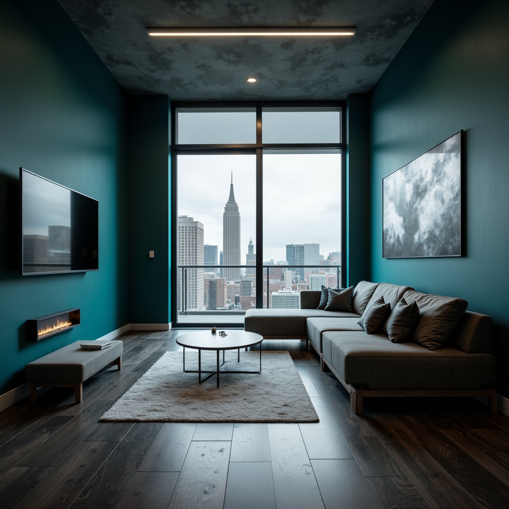 Prompt: Dark cyan accent walls, rich charcoal grey flooring, metallic silver lighting fixtures, sleek modern furniture, minimalist decor, urban cityscape views, overcast cloudy day, soft misty atmosphere, shallow depth of field, 1/1 composition, realistic reflective surfaces, ambient occlusion, subtle gradient transitions.