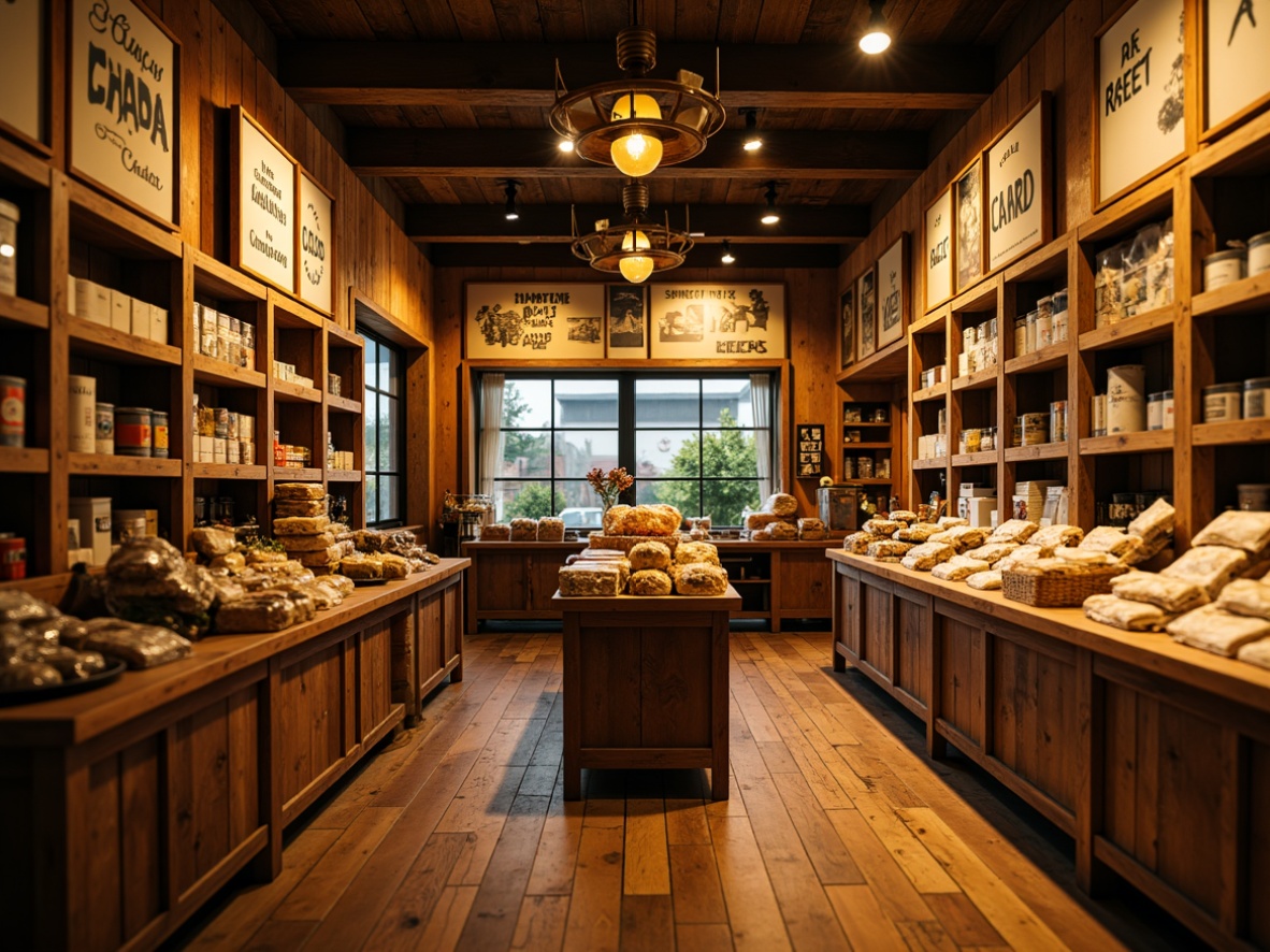 Prompt: Cozy traditional grocery store, warm yellow lighting, vintage metal lanterns, rustic wooden shelves, nostalgic packaging displays, classic advertisements, retro-style signage, earthy tone walls, polished wooden floors, soft warm ambiance, shallow depth of field, 1/1 composition, realistic textures, ambient occlusion.