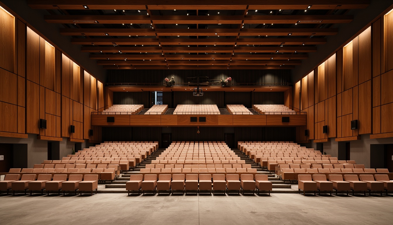 Prompt: Curved auditorium seating, mid-century modern architecture, warm wood tones, sound-absorbing panels, sleek minimalistic design, polished concrete floors, elevated stage, professional lighting systems, dramatic ceiling heights, intimate performance spaces, luxurious velvet curtains, richly textured carpets, geometric patterned acoustic tiles, suspended soundproofing installations, subtle ambient lighting, soft diffused shadows, 1/2 composition, cinematic framing, realistic material textures, detailed normal mapping.