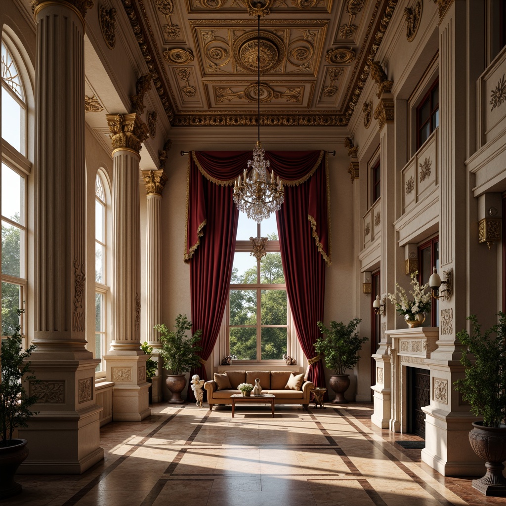 Prompt: Ornate neoclassical facade, intricately carved stone columns, polished marble floors, richly textured velvet drapes, ornamental metalwork, gilded accents, crystal chandeliers, lavish furnishings, classical proportions, symmetrical composition, subtle warm lighting, soft focus effect, shallow depth of field, 2/3 composition, realistic rendering, ambient occlusion.