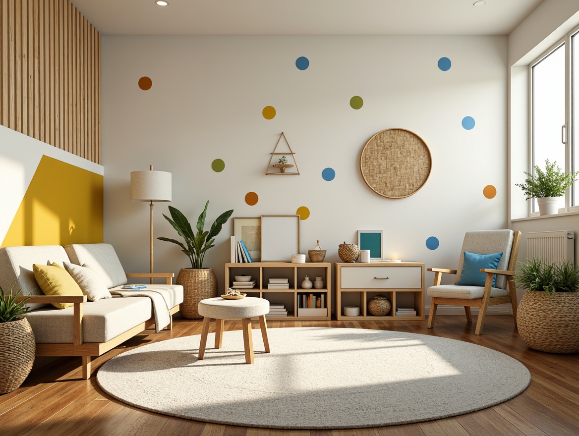 Prompt: Whimsical mid-century modern kids' room, warm wooden accents, soft pastel colors, creamy whites, gentle blues, vibrant yellows, playful polka dots, fun geometric patterns, cozy reading nook, plush area rug, minimalist furniture, natural textiles, woven baskets, potted plants, sunny afternoon light, softbox lighting, 1/1 composition, shallow depth of field, realistic textures.