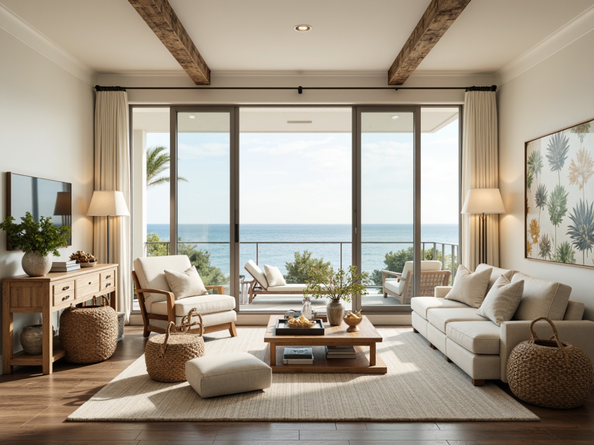 Prompt: Coastal-style living room, large windows, sliding glass doors, ocean views, natural light pouring in, soft warm glow, creamy white walls, driftwood furniture, woven sea grass baskets, coral-inspired accents, calming color palette, seaside-themed artwork, plush area rugs, comfortable linen upholstery, beachy textures, subtle nautical details, refreshing ambiance, airy atmosphere, 1/1 composition, shallow depth of field, realistic rendering.