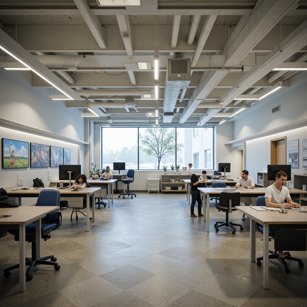 Prompt: Fluorescent lighting, overhead fixtures, suspended ceilings, neutral color scheme, minimalist decor, modern laboratory equipment, stainless steel workbenches, ergonomic seating, educational posters, interactive displays, natural stone flooring, industrial-style shelving, recessed lighting, soft ambient glow, 1/1 composition, shallow depth of field, realistic textures, subtle shadows.