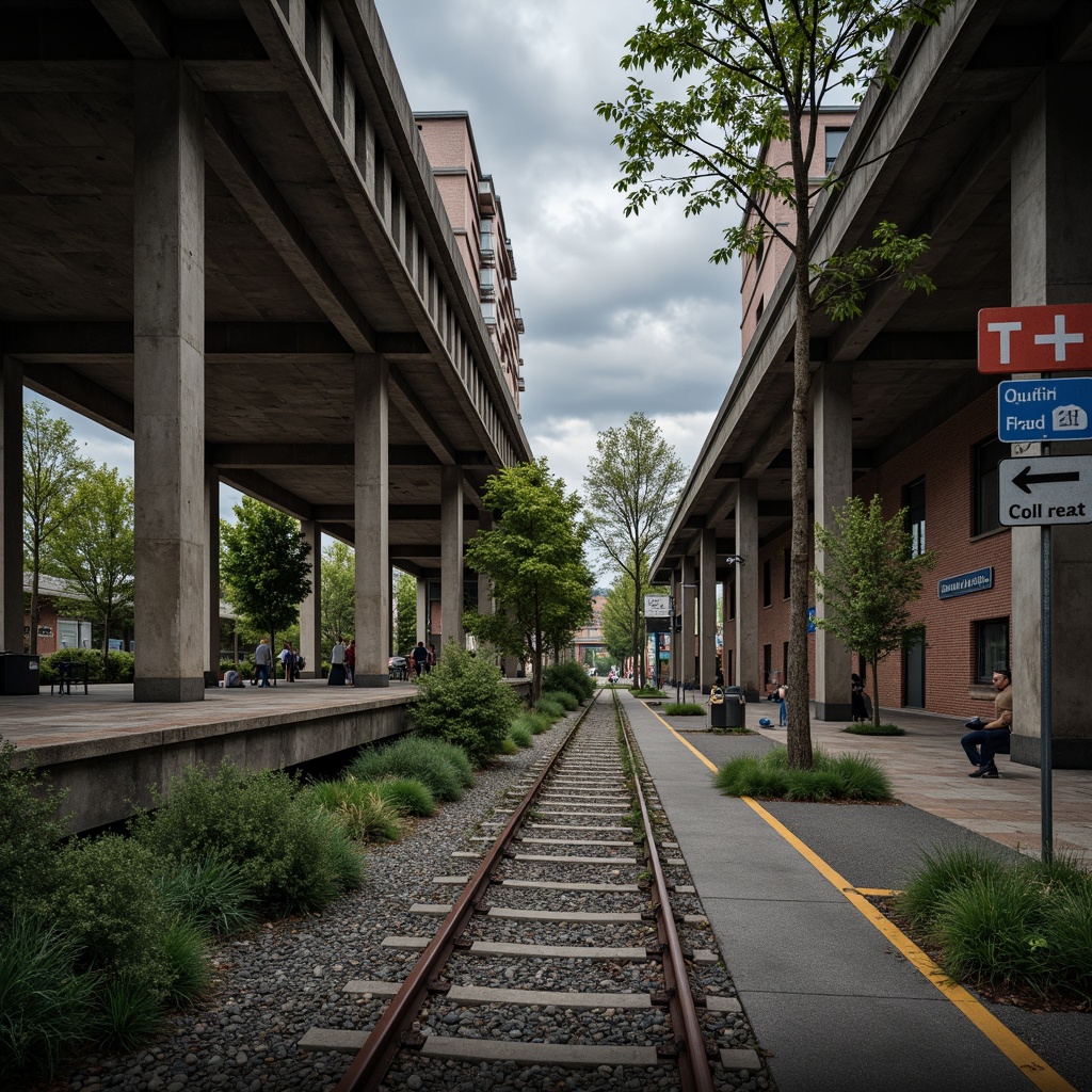 Prompt: Gritty urban landscape, brutalist train station, exposed concrete walls, rugged stone textures, industrial metal beams, raw steel columns, worn asphalt roads, neglected greenery, overcast skies, moody atmospheric lighting, dramatic shadows, high-contrast tones, muted color palette, earthy brown hues, weathered gray stones, faded blue signs, rusty orange accents, distressed wood benches, utilitarian design elements, functional architecture, urban decay, abandoned spaces, cinematic composition, low-angle shots, harsh natural light, deep depth of field.