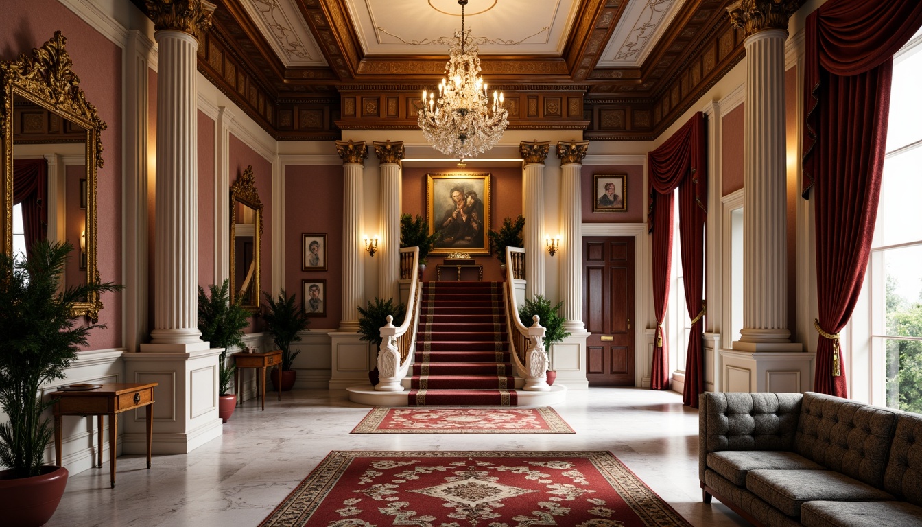 Prompt: Elegant interior, ornate moldings, classical columns, intricate carvings, luxurious fabrics, velvet drapes, crystal chandeliers, gilded frames, refined marble floors, grand staircases, symmetrical compositions, warm soft lighting, shallow depth of field, 1/1 composition, realistic textures, ambient occlusion, richly patterned rugs, ornate mirrors, lavish furnishings, stately atmosphere.