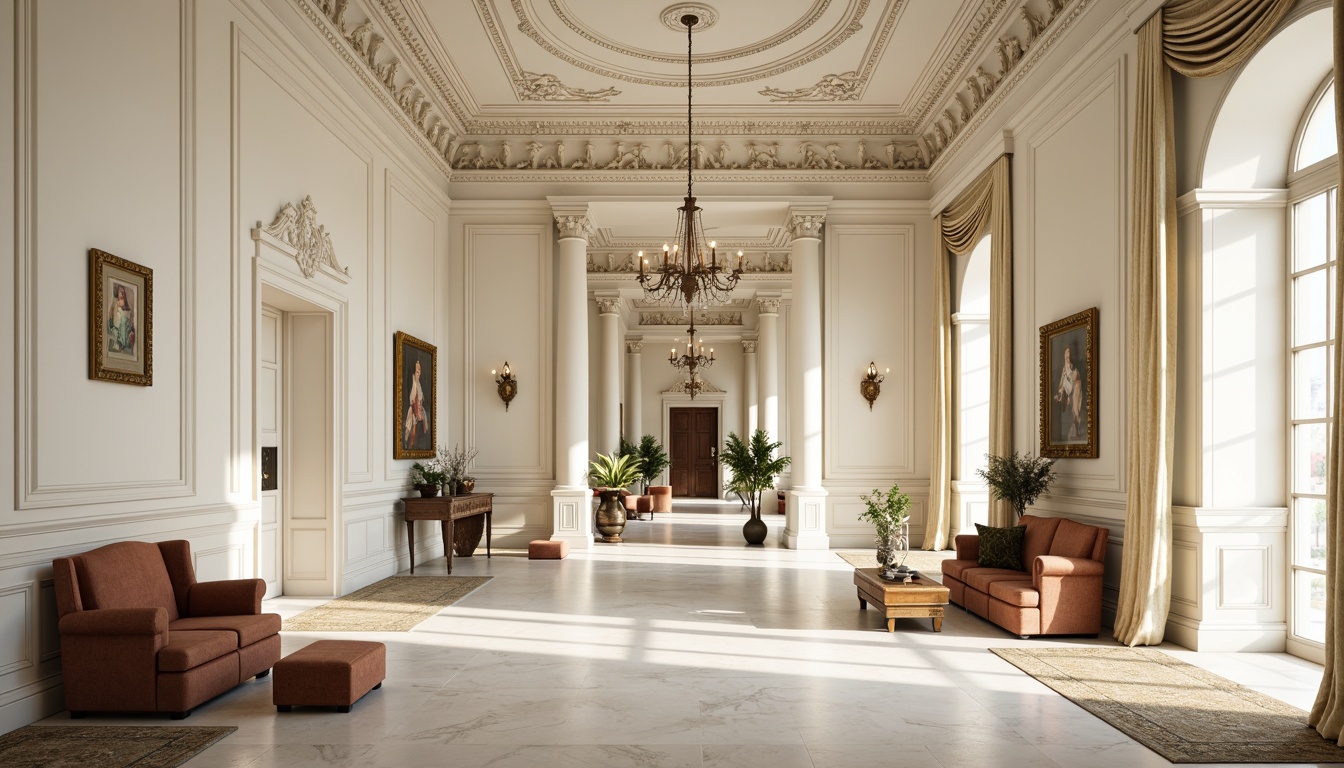 Prompt: Elegant interior space, ornate moldings, intricate carvings, classical motifs, creamy white walls, polished marble floors, grand chandeliers, lavish furnishings, rich velvet fabrics, subtle gold accents, symmetrical compositions, soft warm lighting, shallow depth of field, 1/1 composition, realistic textures, ambient occlusion.