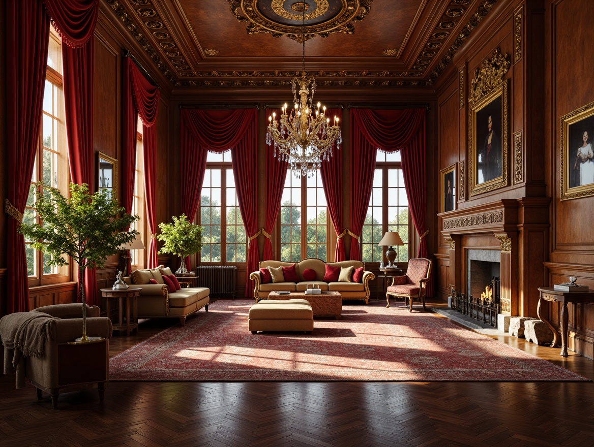 Prompt: Rich wood paneling, ornate carvings, luxurious upholstery, velvet drapes, crystal chandeliers, marble fireplaces, intricate moldings, gilded frames, antique furniture pieces, lavish textiles, sophisticated color palette, soft warm lighting, shallow depth of field, 1/1 composition, realistic textures, ambient occlusion.