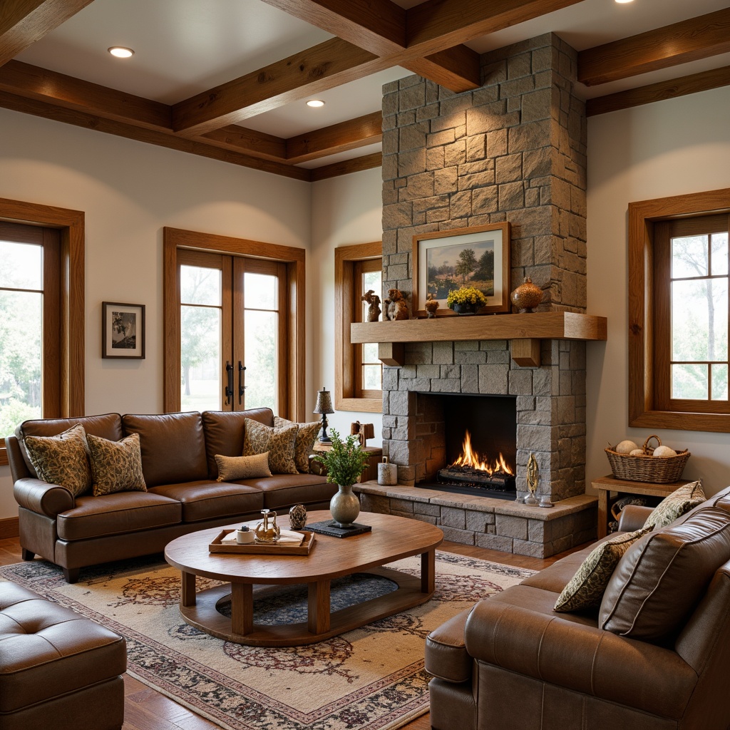 Prompt: Cozy living room, warm earthy tones, rich wood accents, natural stone fireplace, rustic wooden beams, plush area rugs, comfortable oversized furniture, soft warm lighting, creamy white walls, earthy brown trim, decorative ceramic tiles, traditional craftsman style, ornate wooden doors, vintage metal hardware, distressed leather upholstery, natural fiber textiles, organic patterns, inviting atmosphere, shallow depth of field, 1/1 composition, realistic textures.