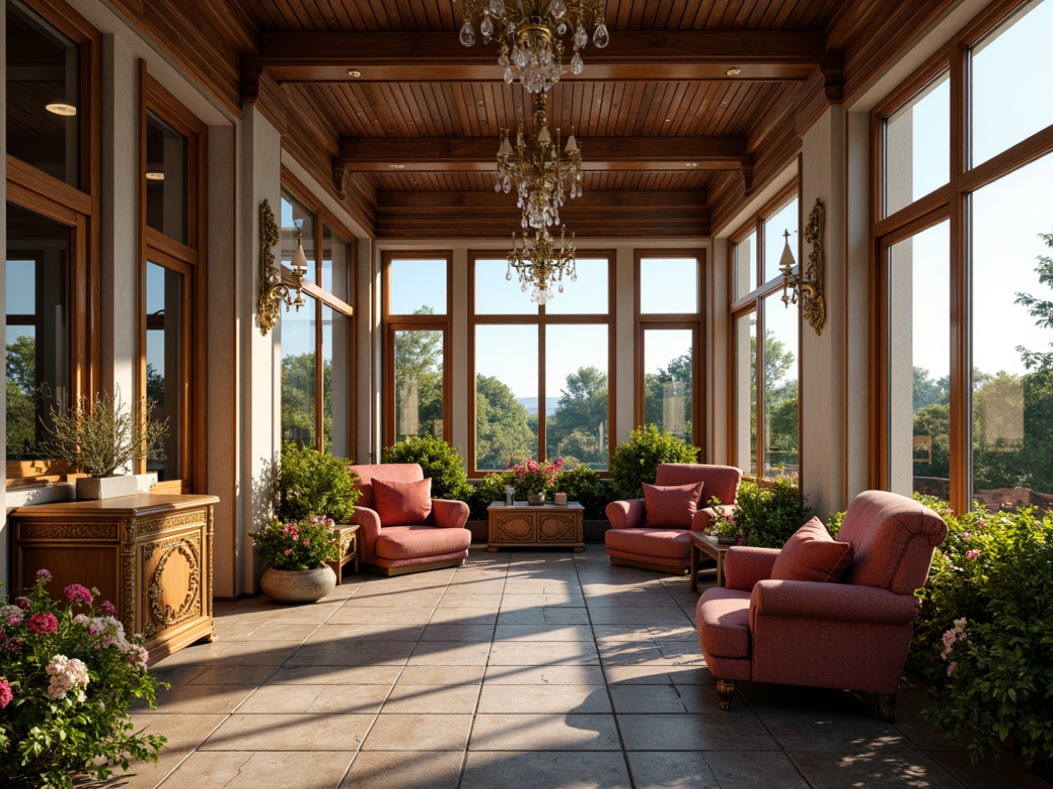 Prompt: Renaissance-style sunroom, lavish furnishings, ornate wooden furniture, velvet upholstery, golden accents, crystal chandeliers, intricately carved decorations, natural stone flooring, large windows, panoramic views, lush greenery, blooming flowers, warm sunny day, soft warm lighting, shallow depth of field, 3/4 composition, realistic textures, ambient occlusion.