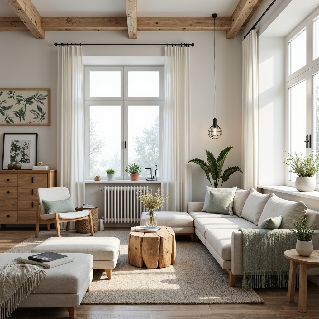 Prompt: Light-filled Scandinavian living room, soft creamy whites, warm beige tones, calming pale blues, muted sage greens, natural wood accents, rustic wooden floors, cozy throw blankets, minimalist furniture designs, clean-lined sofas, industrial metal lighting fixtures, airy curtains, botanical prints, subtle textures, atmospheric misty morning light, shallow depth of field, 1/1 composition, realistic rendering.