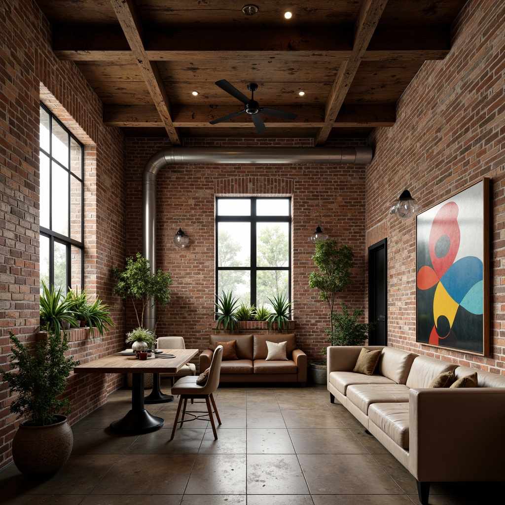 Prompt: Rustic brick walls, reclaimed wood accents, industrial metal beams, vintage distressed finishes, eclectic mix of textures, earthy color palette, natural stone features, lush greenery installations, modern abstract artwork, trendy geometric patterns, cozy warm lighting, atmospheric shadows, shallow depth of field, 1/2 composition, realistic reflections, ambient occlusion.Please let me know if this meets your expectations!